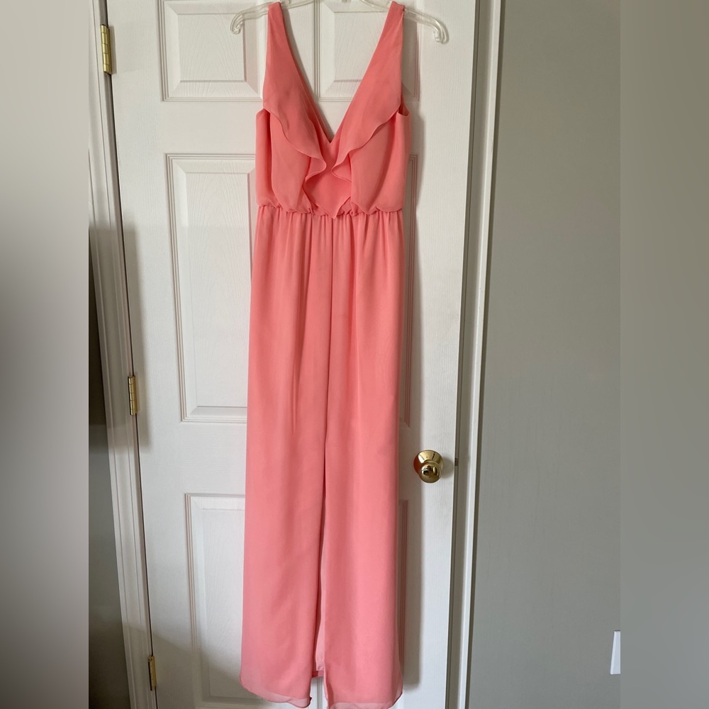 Azazie A-line bridesmaid dress coral color